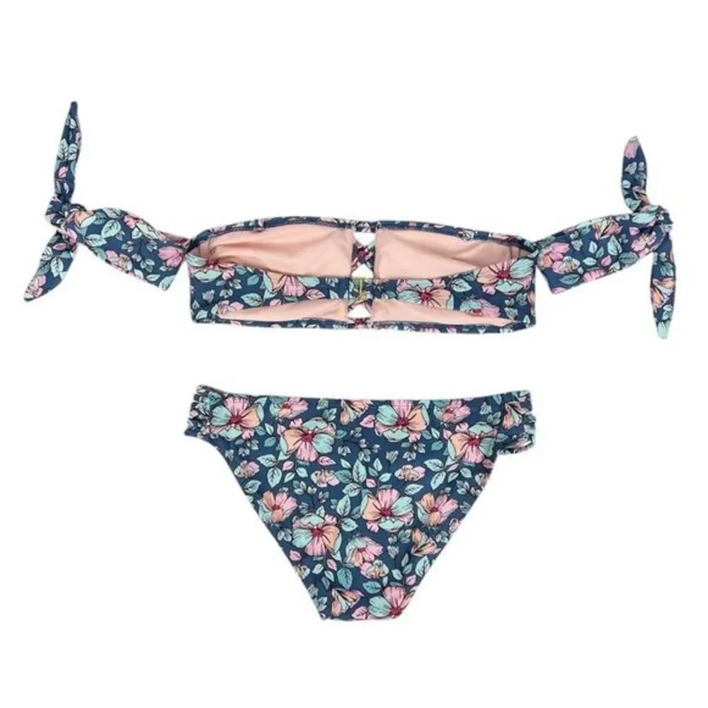 Xhilaration Dusty Blue Floral Strapless Bandeau‎ Bikini Size Medium